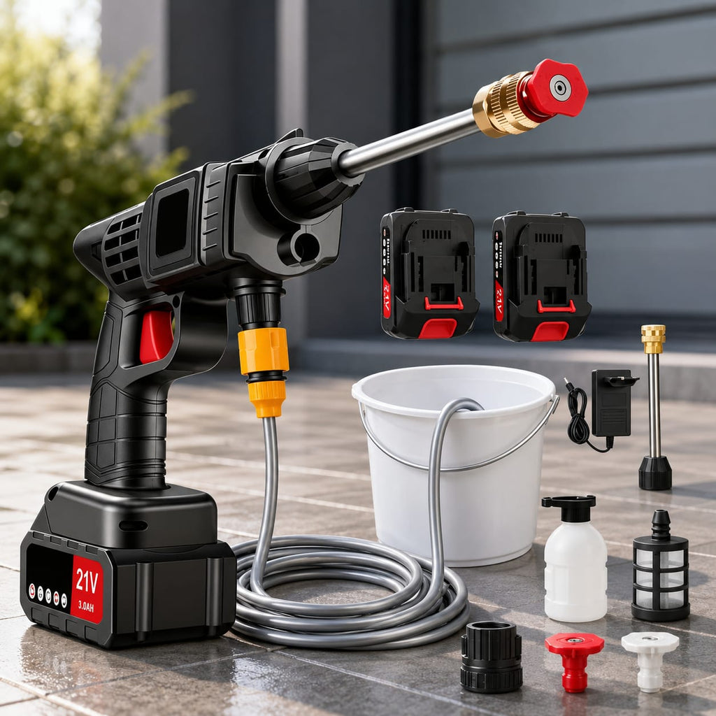 Hidrolavadora Inalámbrica 21V con 2 Baterías, 4 Boquillas, Manguera 5m y Estuche, Kit Completo para Auto, Patio, Jardín y Camping